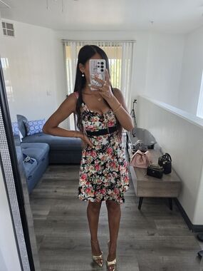 Floral Fit-and-Flare Dress with Black Trim - Multi